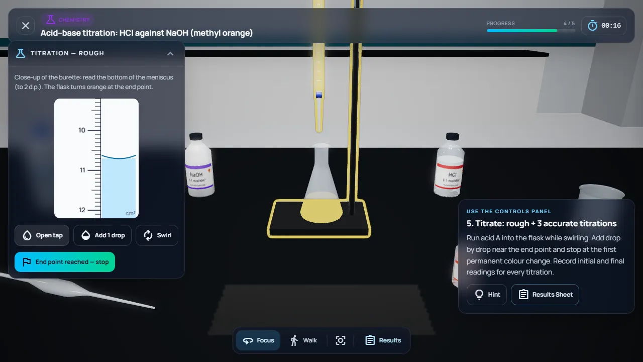 EduMatrix 3D Practical Lab: acid–base titration with a close-up burette scale